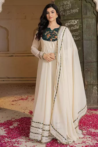 Off white georgette embroidered gown 