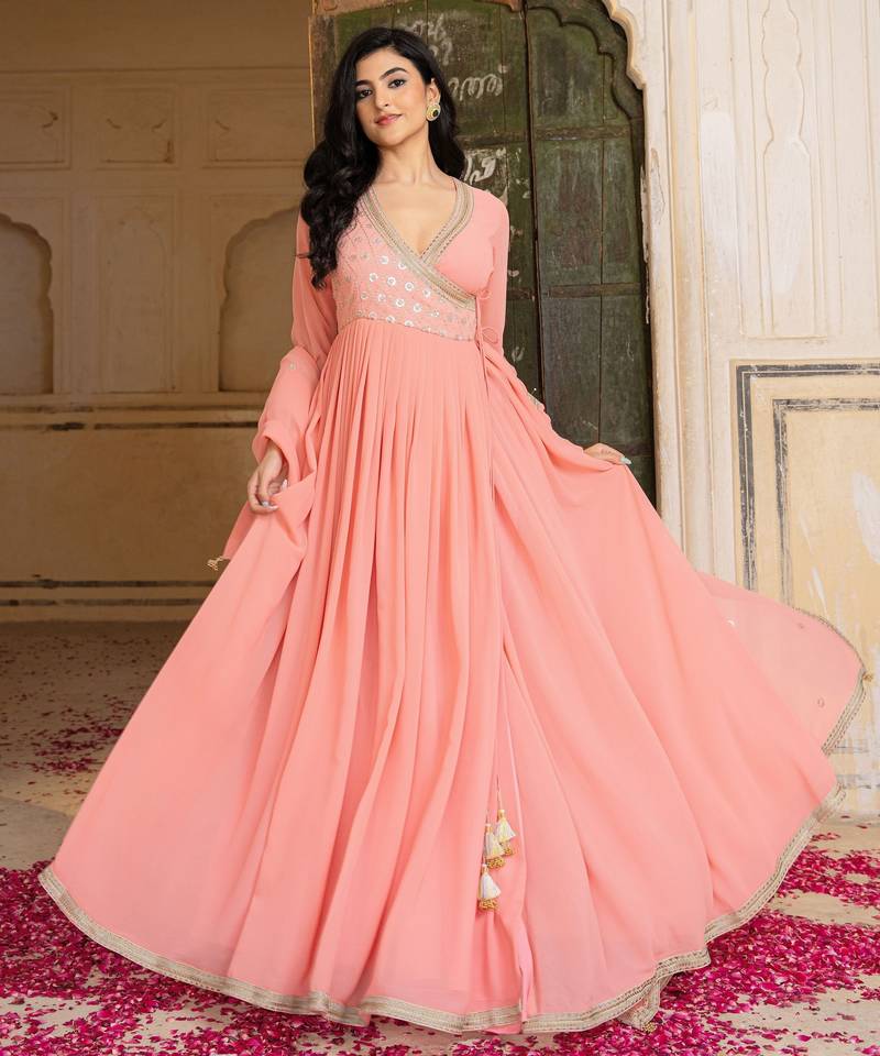 Peach georgette embroidered gown 