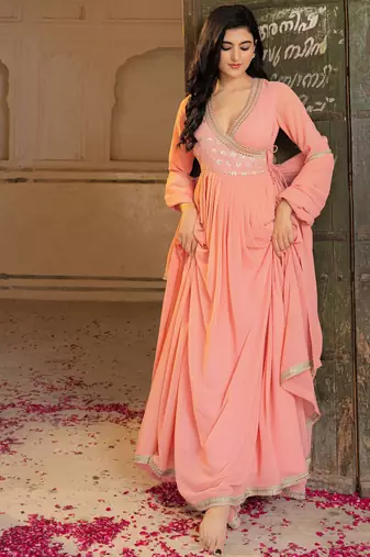 Peach georgette embroidered gown 