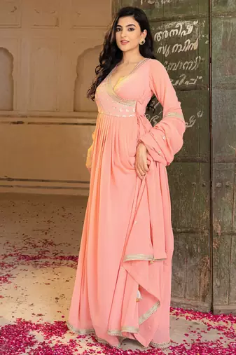 Peach georgette embroidered gown 
