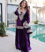Purple velvet kurta pant set with batwa