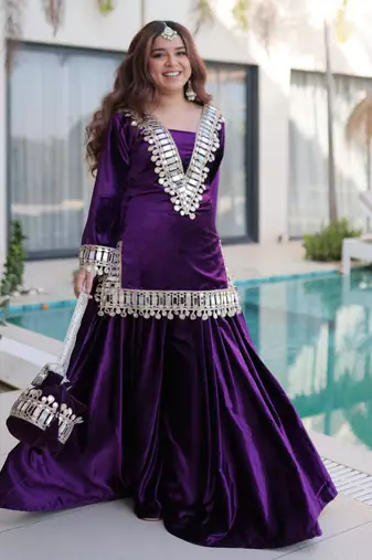 Purple velvet kurta pant set with batwa