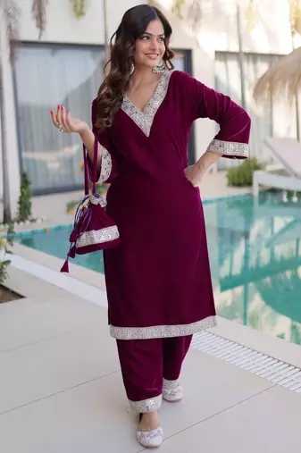 Wine velvet kurta pant set with batwa