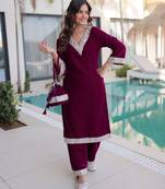 Wine velvet kurta pant set with batwa