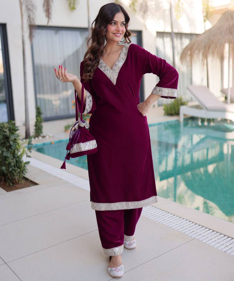 Wine velvet kurta pant set with batwa