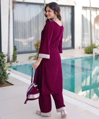 Wine velvet kurta pant set with batwa 2