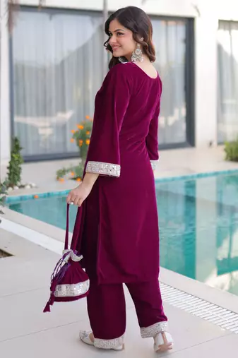 Wine velvet kurta pant set with batwa