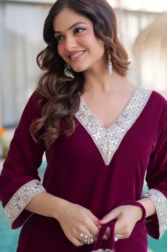 Wine velvet kurta pant set with batwa