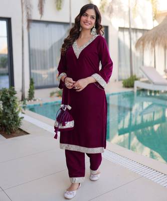 Wine velvet kurta pant set with batwa 4
