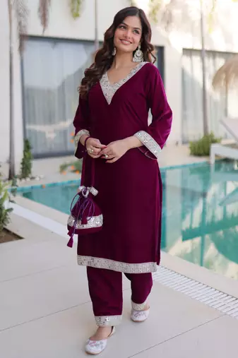 Wine velvet kurta pant set with batwa