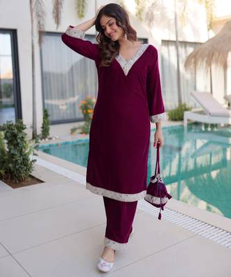 Wine velvet kurta pant set with batwa 5