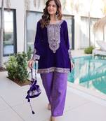 Purple velvet kurta pant set with batwa