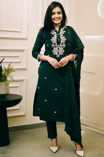Green ethnic cotton silk kurta set with dupatta