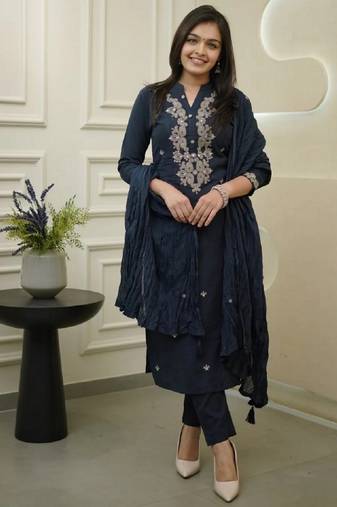 Navy blue ethnic cotton silk kurta set with dupatta