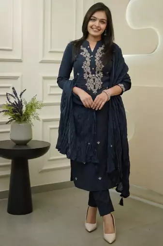 Navy blue ethnic cotton silk kurta set with dupatta