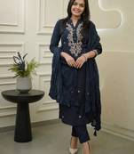 Navy blue ethnic cotton silk kurta set with dupatta