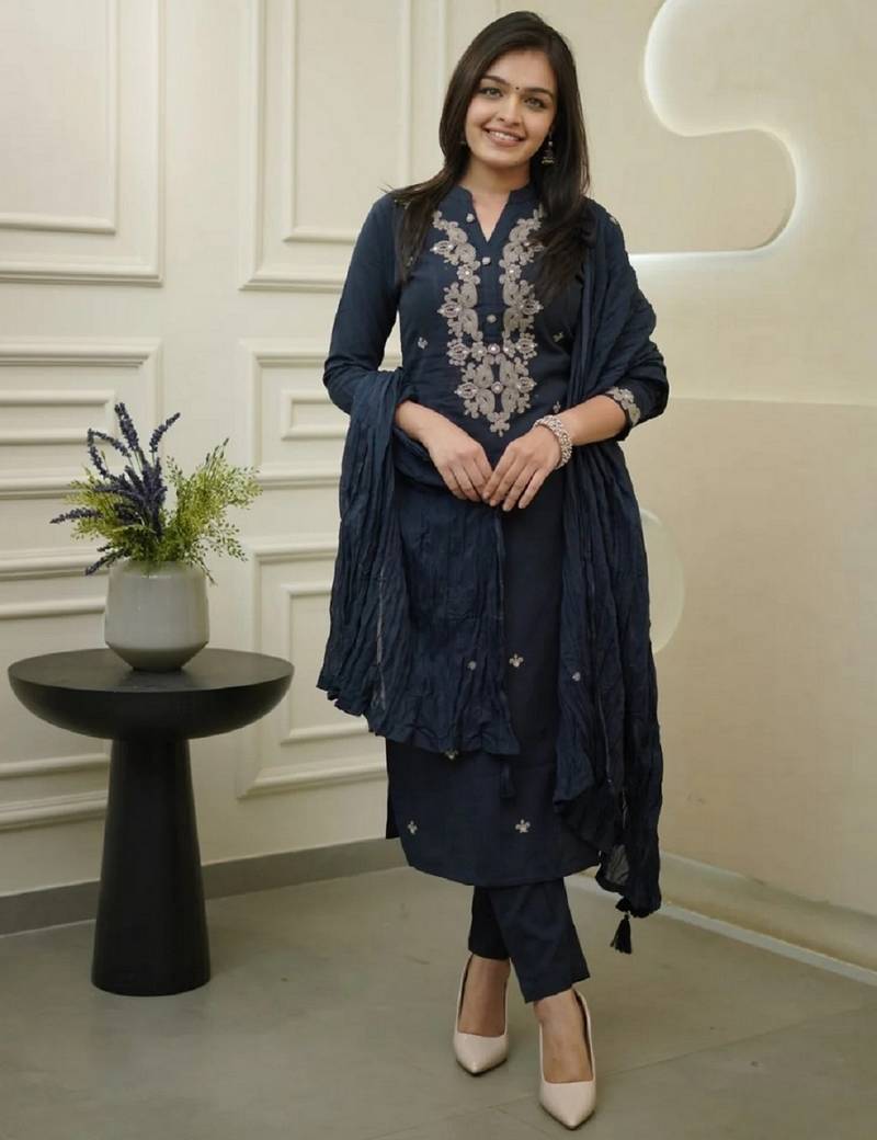 Navy blue ethnic cotton silk kurta set with dupatta