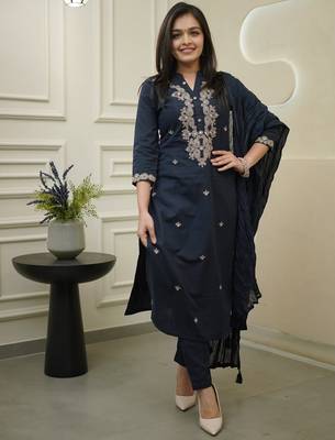 Navy blue ethnic cotton silk kurta set with dupatta 2