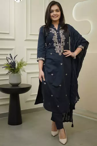 Navy blue cotton silk kurta set with dupatta