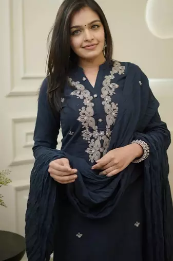Navy blue cotton silk kurta set with dupatta