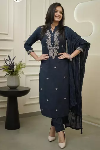 Navy blue cotton silk kurta set with dupatta