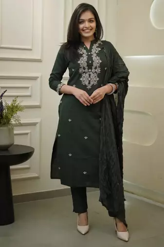 Mahendi color ethnic cotton silk fabric readymade kurta set with dupatta