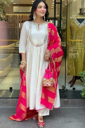 Cream color ethnic cotton silk fabric readymade kurta set with dupatta