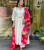 Cream ethnic cotton silk kurta set with dupatta