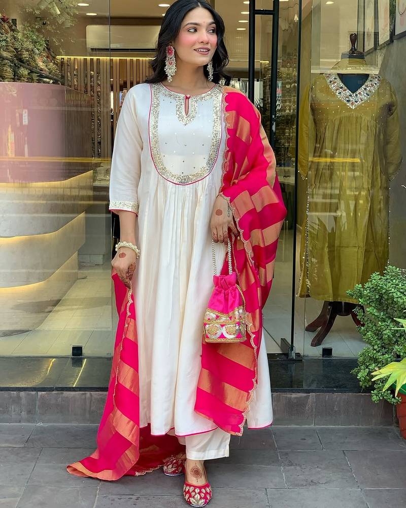 Cream ethnic cotton silk kurta set with dupatta