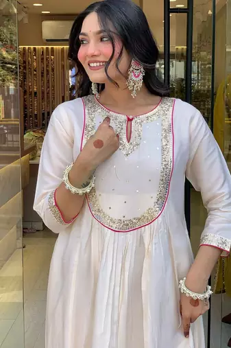 Cream cotton silk kurta set with dupatta