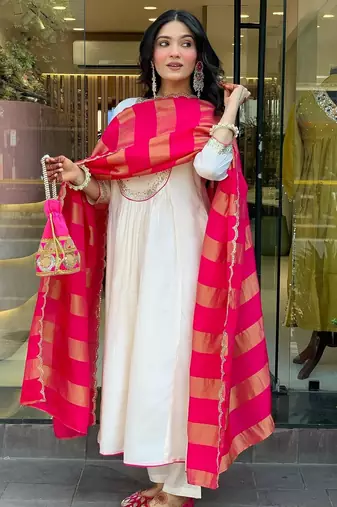 Cream cotton silk kurta set with dupatta