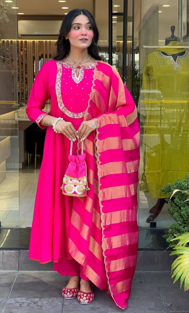 Pink ethnic cotton silk kurta set with dupatta