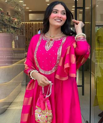 Pink ethnic cotton silk kurta set with dupatta 2