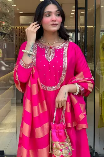Pink cotton silk kurta set with dupatta