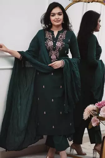 Green color ethnic cotton silk fabric readymade kurta set with dupatta