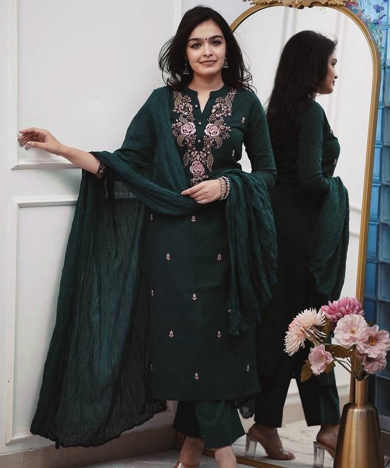 Green ethnic cotton silk kurta set with dupatta