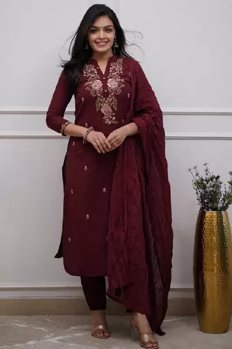 Maroon color ethnic cotton silk fabric readymade kurta set with dupatta