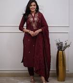 Maroon ethnic cotton silk kurta set with dupatta