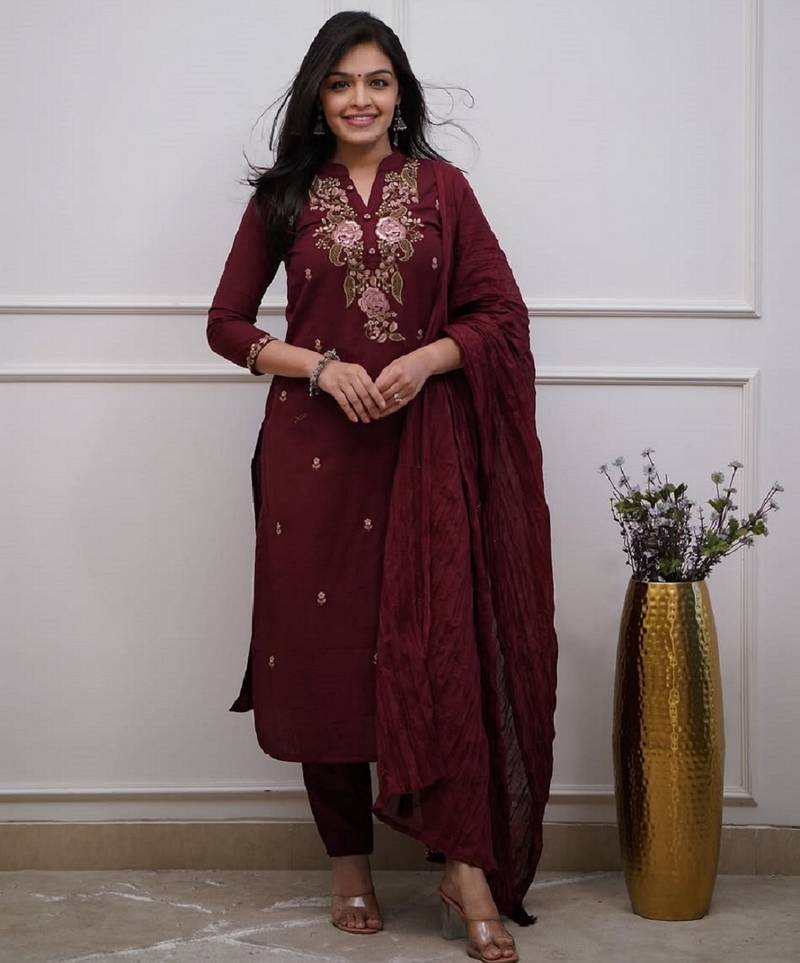Maroon ethnic cotton silk kurta set with dupatta