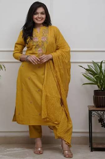 Mustard ethnic cotton silk kurta set with dupatta