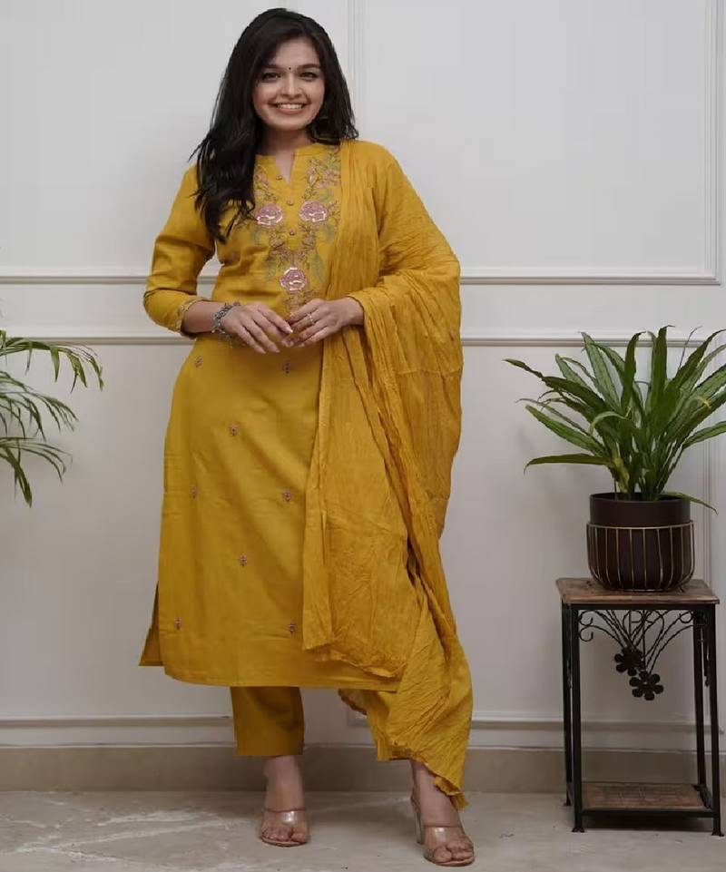 Mustard ethnic cotton silk kurta set with dupatta