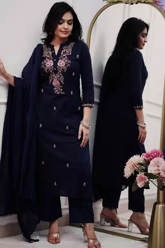 Navy blue color ethnic cotton silk fabric readymade kurta set with dupatta