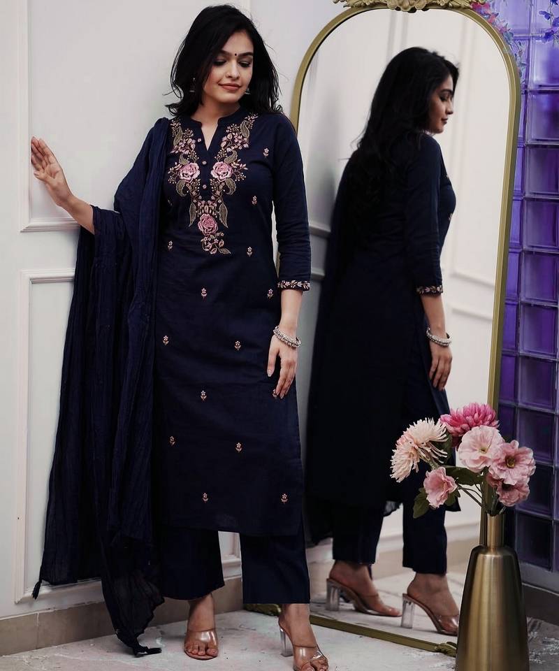 Navy blue ethnic cotton silk kurta set with dupatta