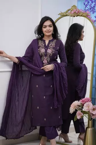 Wine color ethnic cotton silk fabric readymade kurta set with dupatta