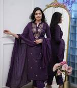 Wine ethnic cotton silk kurta set with dupatta