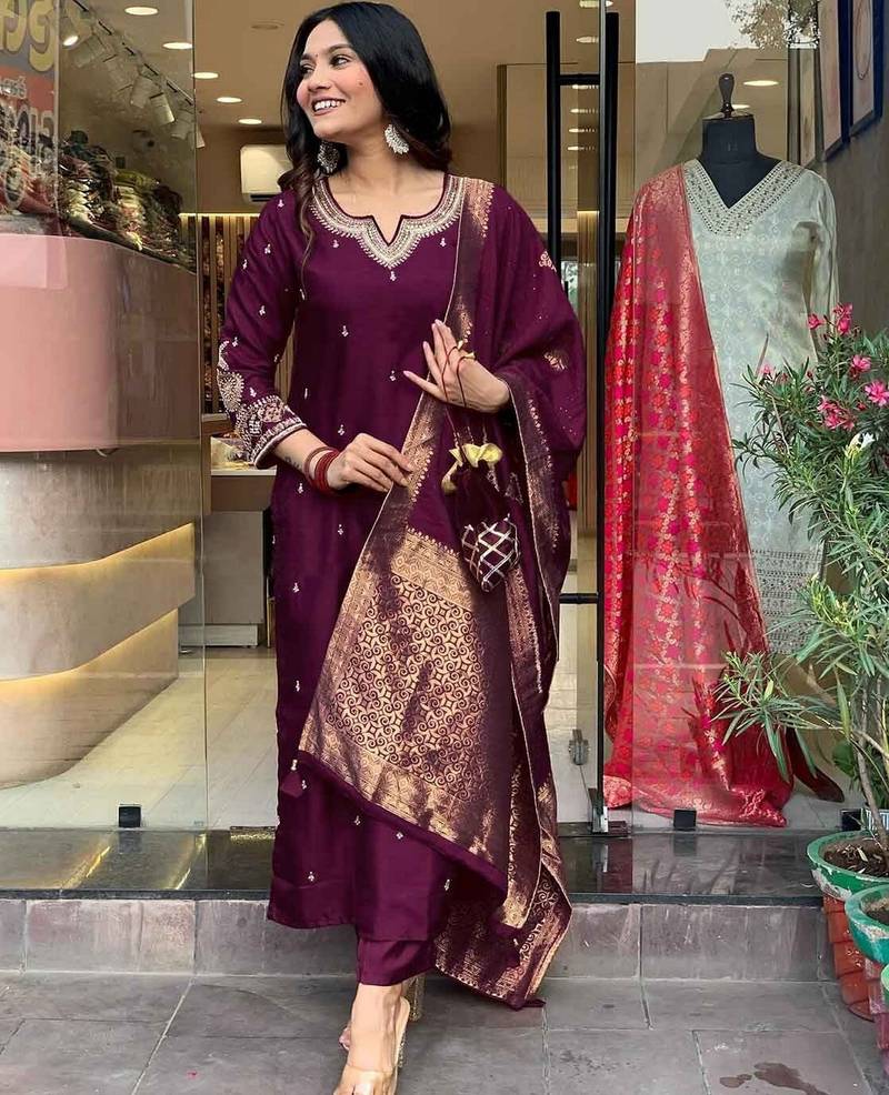 Burgundy embroidered ethnic suit