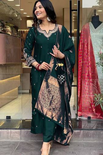 Green embroidered ethnic suit