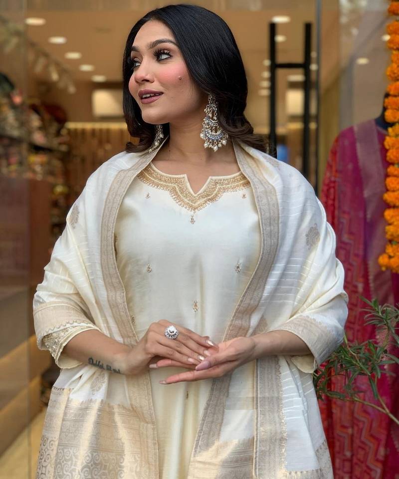Cream embroidered ethnic suit