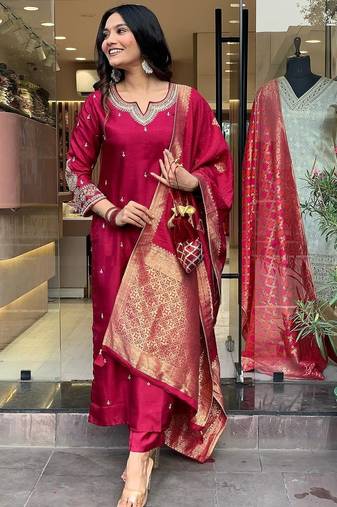 Maroon embroidered ethnic suit