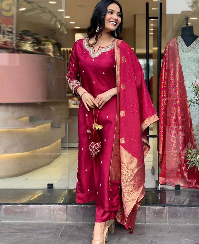 Maroon embroidered ethnic suit